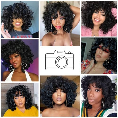 ELIM Short Curly Afro Wig with Bangs – 9-Piece Set, Heat Resistant Synthetic Wig for Black Women