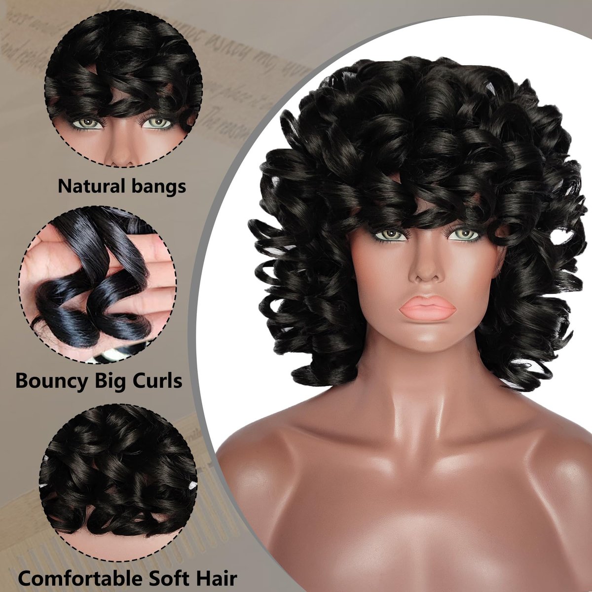 ELIM Short Curly Afro Wig with Bangs – 9-Piece Set, Heat Resistant Synthetic Wig for Black Women - görsel 5