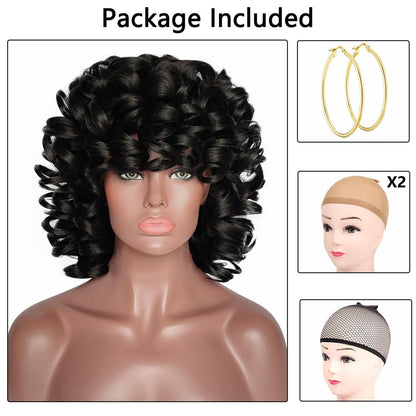 ELIM Short Curly Afro Wig with Bangs – 9-Piece Set, Heat Resistant Synthetic Wig for Black Women