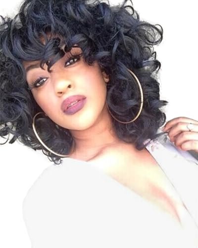 ELIM Short Curly Afro Wig with Bangs – 9-Piece Set, Heat Resistant Synthetic Wig for Black Women - görsel 2