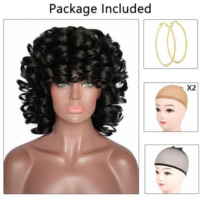ELIM Short Curly Afro Wig with Bangs – 9-Piece Set, Heat Resistant Synthetic Wig for Black Women