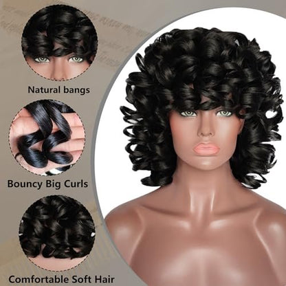 ELIM Short Curly Afro Wig with Bangs – 9-Piece Set, Heat Resistant Synthetic Wig for Black Women