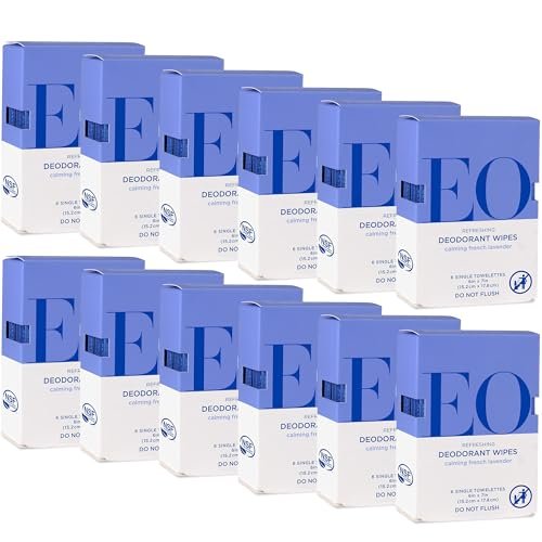 EO Deodorant Wipes, Travel Size, French Lavender - 6 Individually Wrapped Wipes (Pack of 12) - Essential Oil Deodorant for Men and Women Avelisse