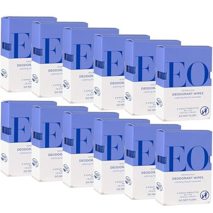 EO Deodorant Wipes, Travel Size, French Lavender - 6 Individually Wrapped Wipes (Pack of 12) - Essential Oil Deodorant for Men and Women Avelisse