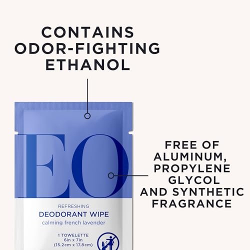 EO Deodorant Wipes, Travel Size, French Lavender - 6 Individually Wrapped Wipes (Pack of 12) - Essential Oil Deodorant for Men and Women Avelisse