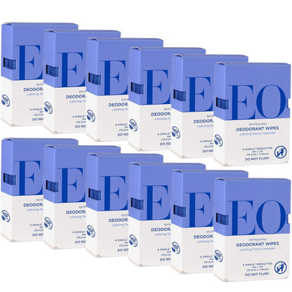 EO Deodorant Wipes, Travel Size, French Lavender - 6 Individually Wrapped Wipes (Pack of 12) - Essential Oil Deodorant for Men and Women Avelisse