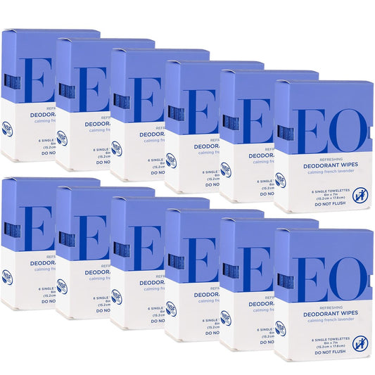 EO Deodorant Wipes, Travel Size, French Lavender - 6 Individually Wrapped Wipes (Pack of 12) - Essential Oil Deodorant for Men and Women Avelisse