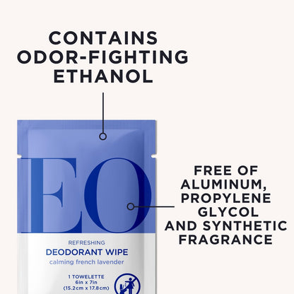 EO Deodorant Wipes, Travel Size, French Lavender - 6 Individually Wrapped Wipes (Pack of 12) - Essential Oil Deodorant for Men and Women Avelisse