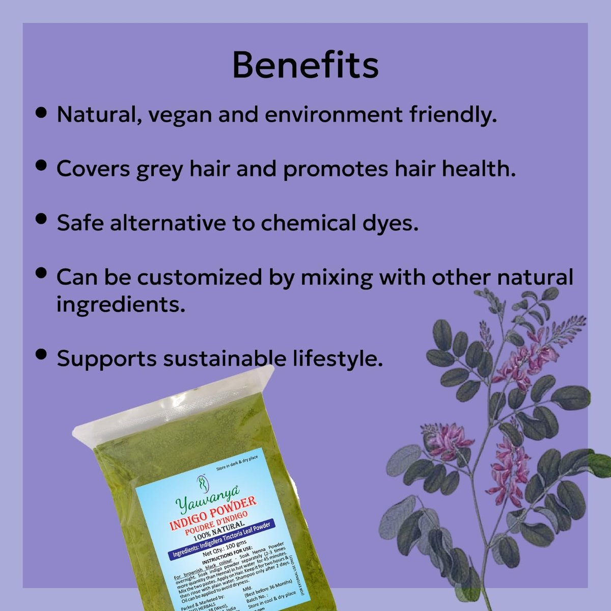 Yauvanya Pure Indigo Powder - 100% Natural, Chemical & Ammonia Free Hair Color (300g, 3 Pack) - görsel 11