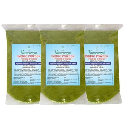 Yauvanya Pure Indigo Powder - 100% Natural, Chemical & Ammonia Free Hair Color (300g, 3 Pack)