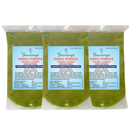 Yauvanya Pure Indigo Powder - 100% Natural, Chemical & Ammonia Free Hair Color (300g, 3 Pack)