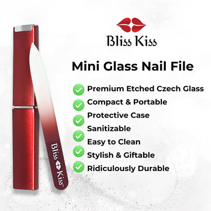 Bliss Kiss Simply Czech Crystal Glass Nail File with Case & Sleeve – Small Gentle Nail File for Natural Nails, Durable Manicure Tool, Perfect Travel Size, Emery Boards Alternative