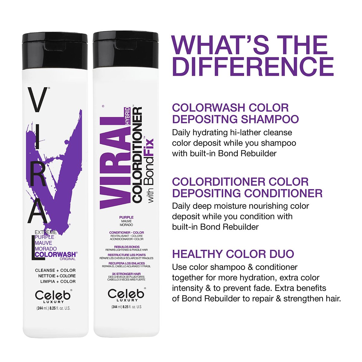 Celeb Luxury Viral Purple Colorwash - Color Depositing Shampoo with Bondfix Bond Rebuilder - Semi Permanent Hair Colour Glaze - Vegan Hair Dye for Bold Purple Color Maintenance Avelisse