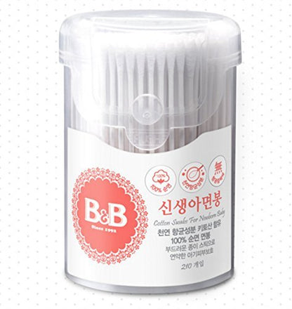 B&B Cotton Swabs 210 Count - Double Cotton Tipped Sticks for Gentle Cleaning