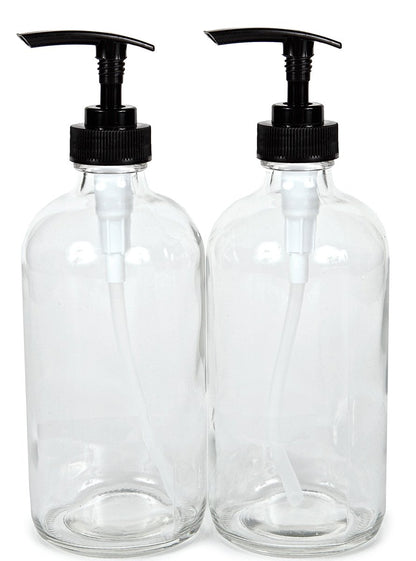 Vivaplex 2-Pack Large 16 oz Clear Glass Bottles with Black Lotion Pumps - Empty Pump Dispensers for Soap, Lotion, and More