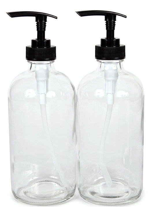 Vivaplex 2-Pack Large 16 oz Clear Glass Bottles with Black Lotion Pumps - Empty Pump Dispensers for Soap, Lotion, and More