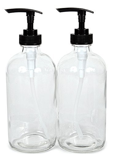 Vivaplex 2-Pack Large 16 oz Clear Glass Bottles with Black Lotion Pumps - Empty Pump Dispensers for Soap, Lotion, and More