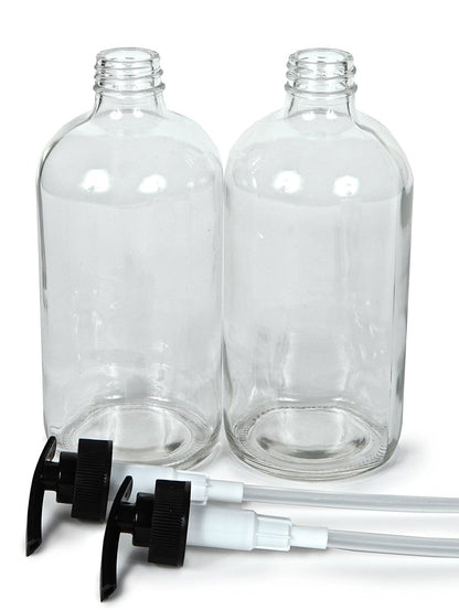 Vivaplex 2-Pack Large 16 oz Clear Glass Bottles with Black Lotion Pumps - Empty Pump Dispensers for Soap, Lotion, and More