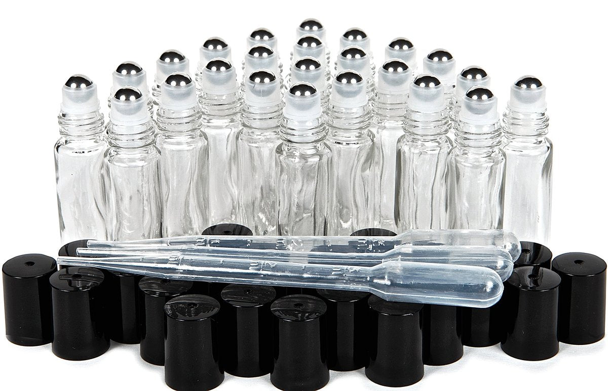 Vivaplex 24 Clear 10 ml Glass Roll-on Bottles with Stainless Steel Roller Balls & 3 Droppers Avelisse