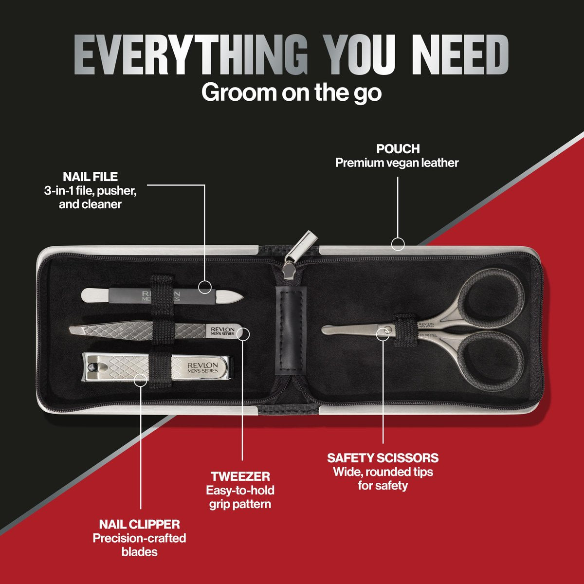 Revlon Men's Grooming Kit - 5-Piece Travel Essentials Set with Stainless Steel Nail Clippers, Scissors, File, Tweezers, and Carrying Case Avelisse
