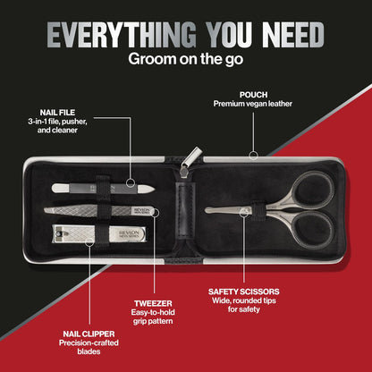 Revlon Men's Grooming Kit - 5-Piece Travel Essentials Set with Stainless Steel Nail Clippers, Scissors, File, Tweezers, and Carrying Case Avelisse