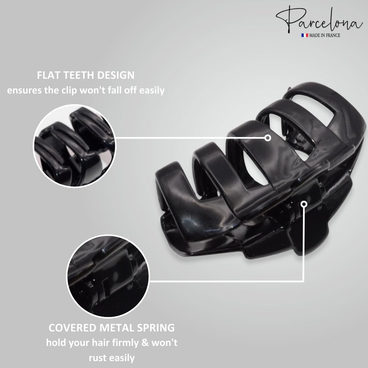 Parcelona French Tubular Black 3 Inch Celluloid Covered Spring Hair Claw Clip - Strong Hold No Slip Grip for Women, Made in France - görsel 3
