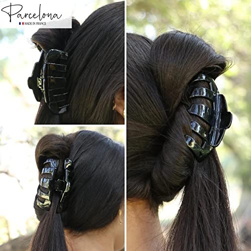 Parcelona French Tubular Black 3 Inch Celluloid Covered Spring Hair Claw Clip - Strong Hold No Slip Grip for Women, Made in France - görsel 8