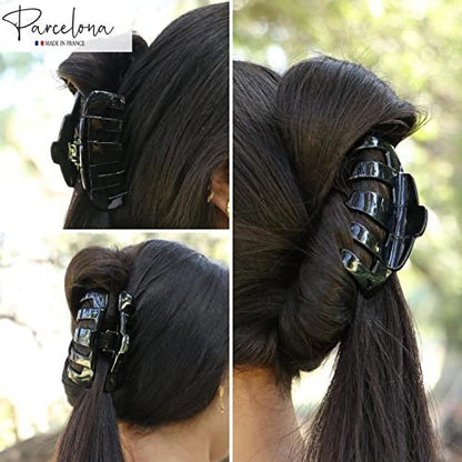 Parcelona French Tubular Black 3 Inch Celluloid Covered Spring Hair Claw Clip - Strong Hold No Slip Grip for Women, Made in France