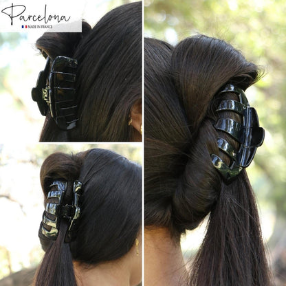 Parcelona French Tubular Black 3 Inch Celluloid Covered Spring Hair Claw Clip - Strong Hold No Slip Grip for Women, Made in France