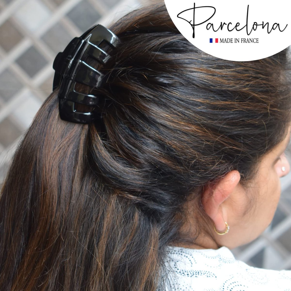 Parcelona French Tubular Black 3 Inch Celluloid Covered Spring Hair Claw Clip - Strong Hold No Slip Grip for Women, Made in France - görsel 11