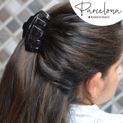 Parcelona French Tubular Black 3 Inch Celluloid Covered Spring Hair Claw Clip - Strong Hold No Slip Grip for Women, Made in France