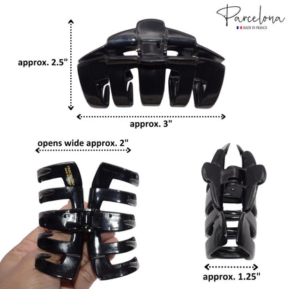 Parcelona French Tubular Black 3 Inch Celluloid Covered Spring Hair Claw Clip - Strong Hold No Slip Grip for Women, Made in France