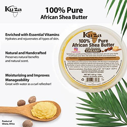 Kuza 100% African Shea Butter with Borututu - Creamy Yellow - for Skin, Hair and Nails, 15 oz