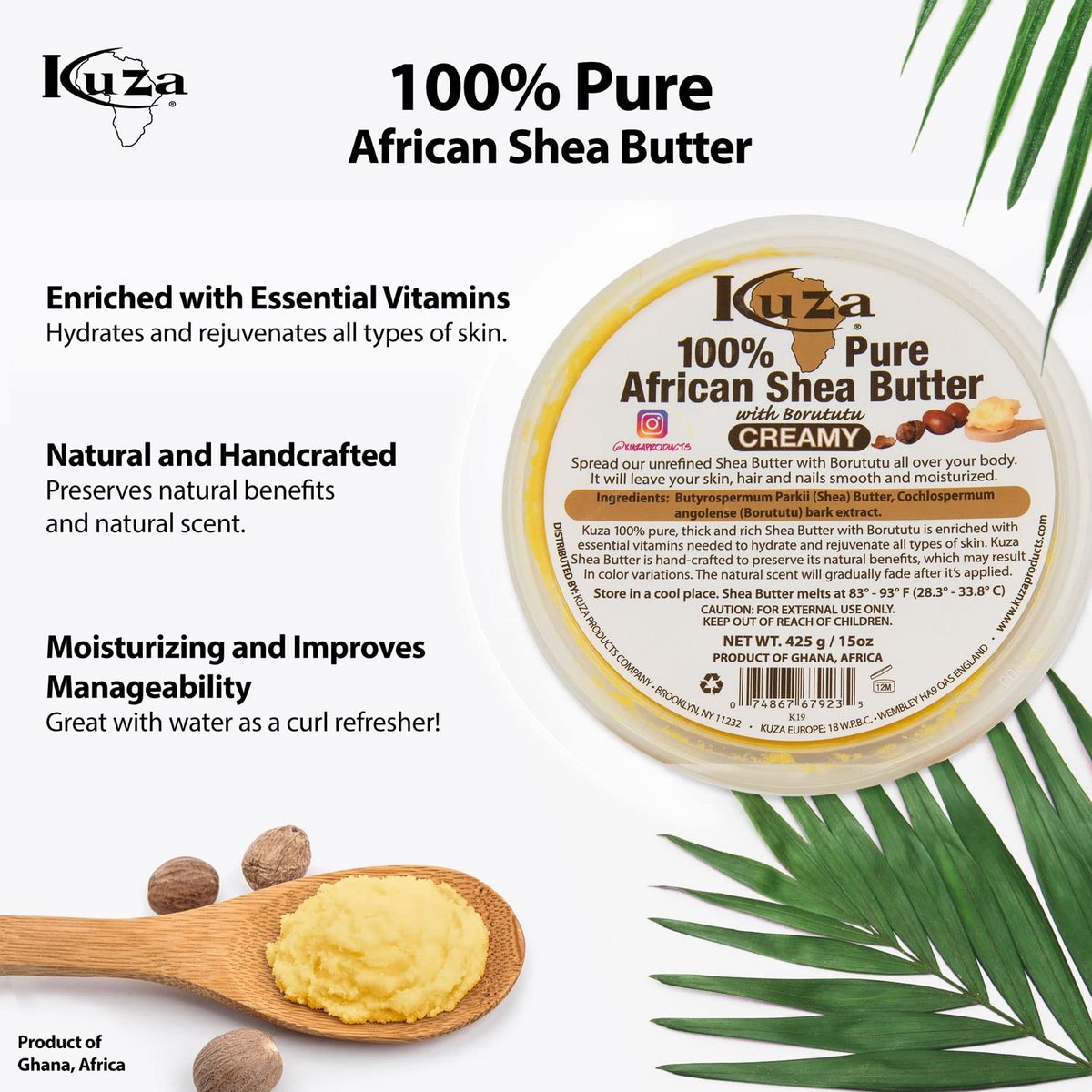 Kuza 100% African Shea Butter with Borututu - Creamy Yellow - for Skin, Hair and Nails, 15 oz - görsel 6