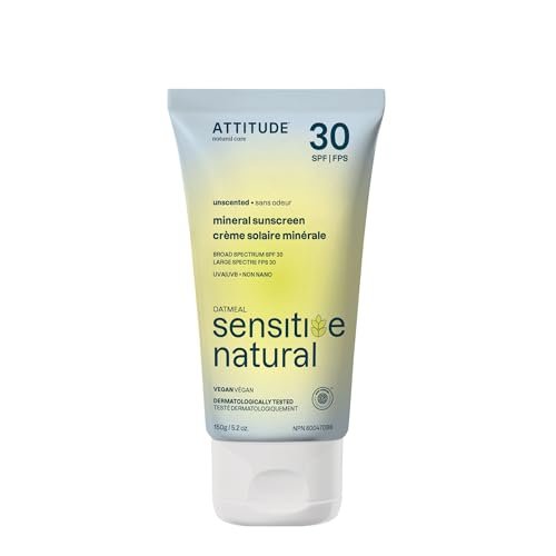 ATTITUDE Mineral Sunscreen for Sensitive Skin, SPF 30, Unscented, EWG Verified, 5.2 oz Avelisse