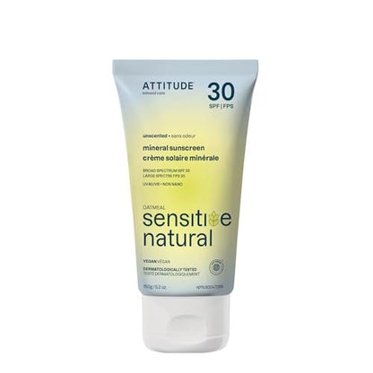 ATTITUDE Mineral Sunscreen for Sensitive Skin, SPF 30, Unscented, EWG Verified, 5.2 oz Avelisse
