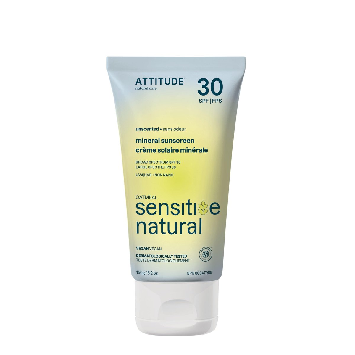 ATTITUDE Mineral Sunscreen for Sensitive Skin, SPF 30, Unscented, EWG Verified, 5.2 oz Avelisse