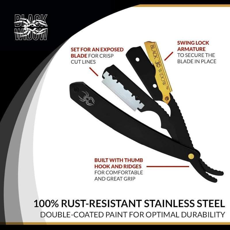 Black Widow Professional Straight Razor – Matte Black & 24K Gold Plated Finish, Stainless Steel Shavette for Men, Swing Lock Grip, Includes 10 Blades Avelisse