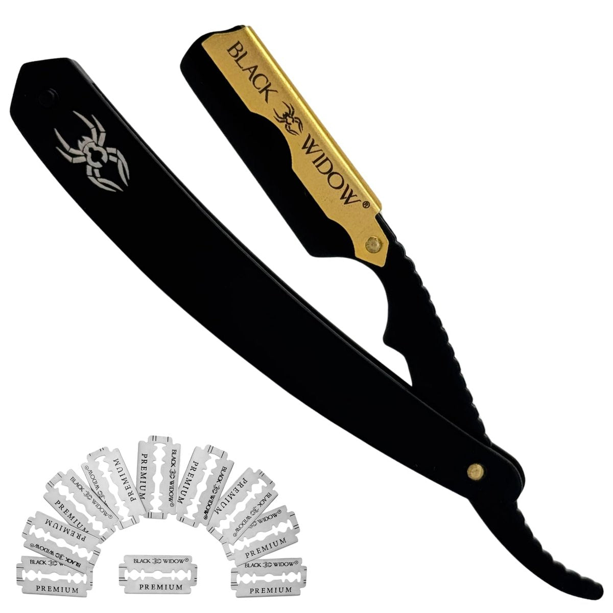 Black Widow Professional Straight Razor – Matte Black & 24K Gold Plated Finish, Stainless Steel Shavette for Men, Swing Lock Grip, Includes 10 Blades Avelisse