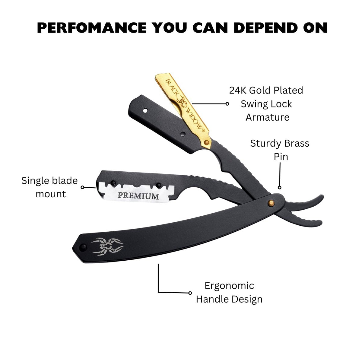 Black Widow Professional Straight Razor – Matte Black & 24K Gold Plated Finish, Stainless Steel Shavette for Men, Swing Lock Grip, Includes 10 Blades Avelisse