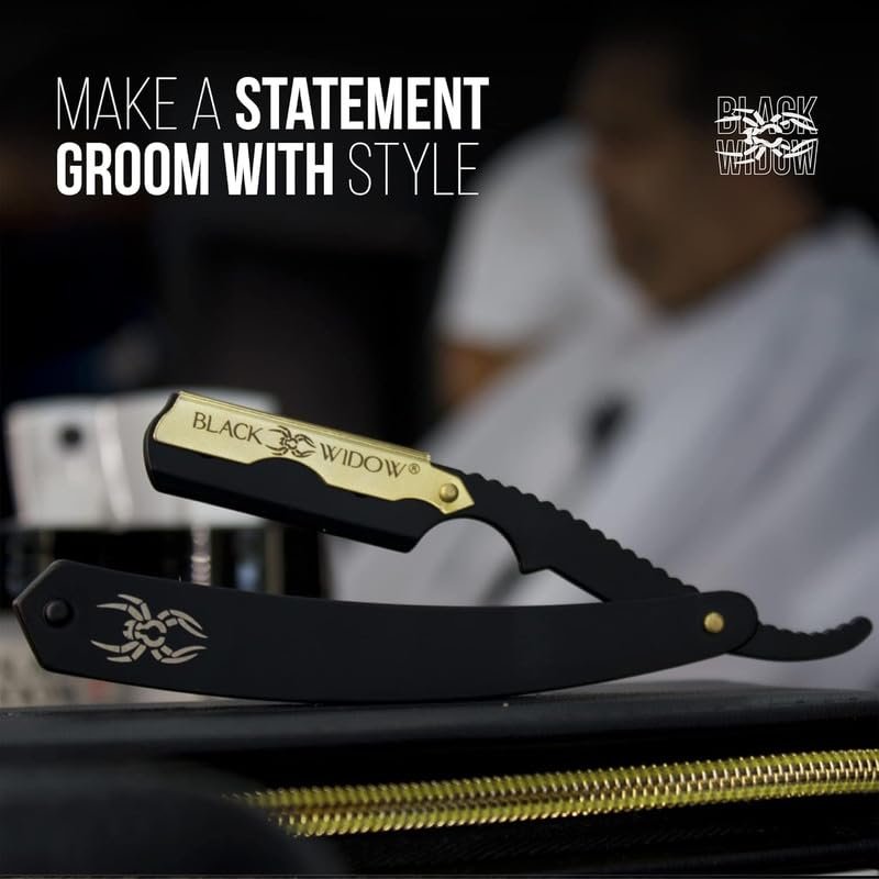 Black Widow Professional Straight Razor – Matte Black & 24K Gold Plated Finish, Stainless Steel Shavette for Men, Swing Lock Grip, Includes 10 Blades Avelisse