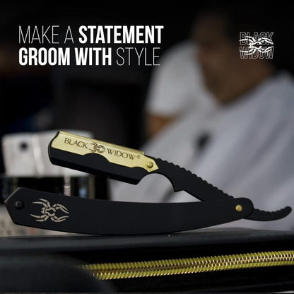 Black Widow Professional Straight Razor – Matte Black & 24K Gold Plated Finish, Stainless Steel Shavette for Men, Swing Lock Grip, Includes 10 Blades Avelisse