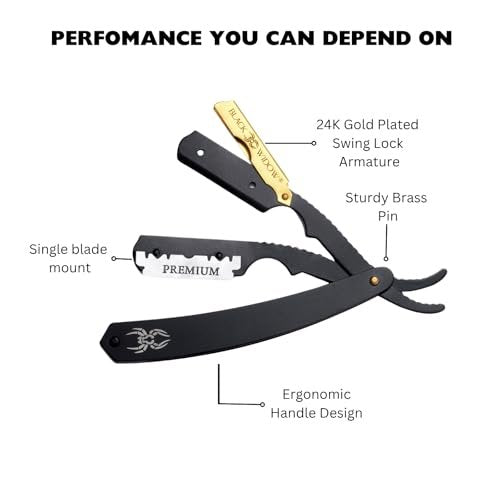 Black Widow Professional Straight Razor – Matte Black & 24K Gold Plated Finish, Stainless Steel Shavette for Men, Swing Lock Grip, Includes 10 Blades Avelisse