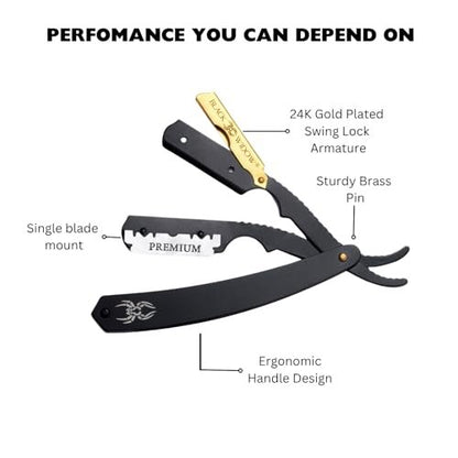 Black Widow Professional Straight Razor – Matte Black & 24K Gold Plated Finish, Stainless Steel Shavette for Men, Swing Lock Grip, Includes 10 Blades Avelisse