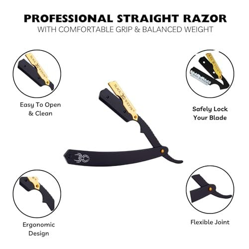 Black Widow Professional Straight Razor – Matte Black & 24K Gold Plated Finish, Stainless Steel Shavette for Men, Swing Lock Grip, Includes 10 Blades Avelisse