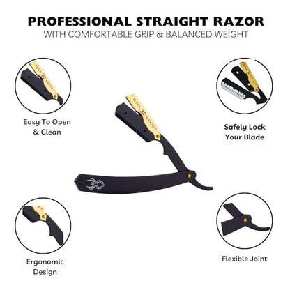 Black Widow Professional Straight Razor – Matte Black & 24K Gold Plated Finish, Stainless Steel Shavette for Men, Swing Lock Grip, Includes 10 Blades Avelisse