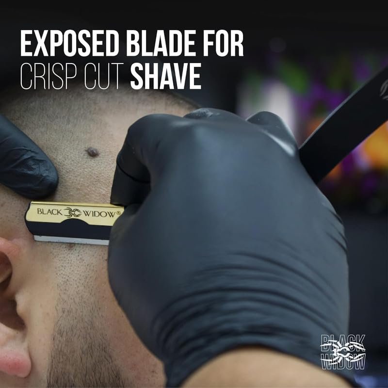 Black Widow Professional Straight Razor – Matte Black & 24K Gold Plated Finish, Stainless Steel Shavette for Men, Swing Lock Grip, Includes 10 Blades Avelisse