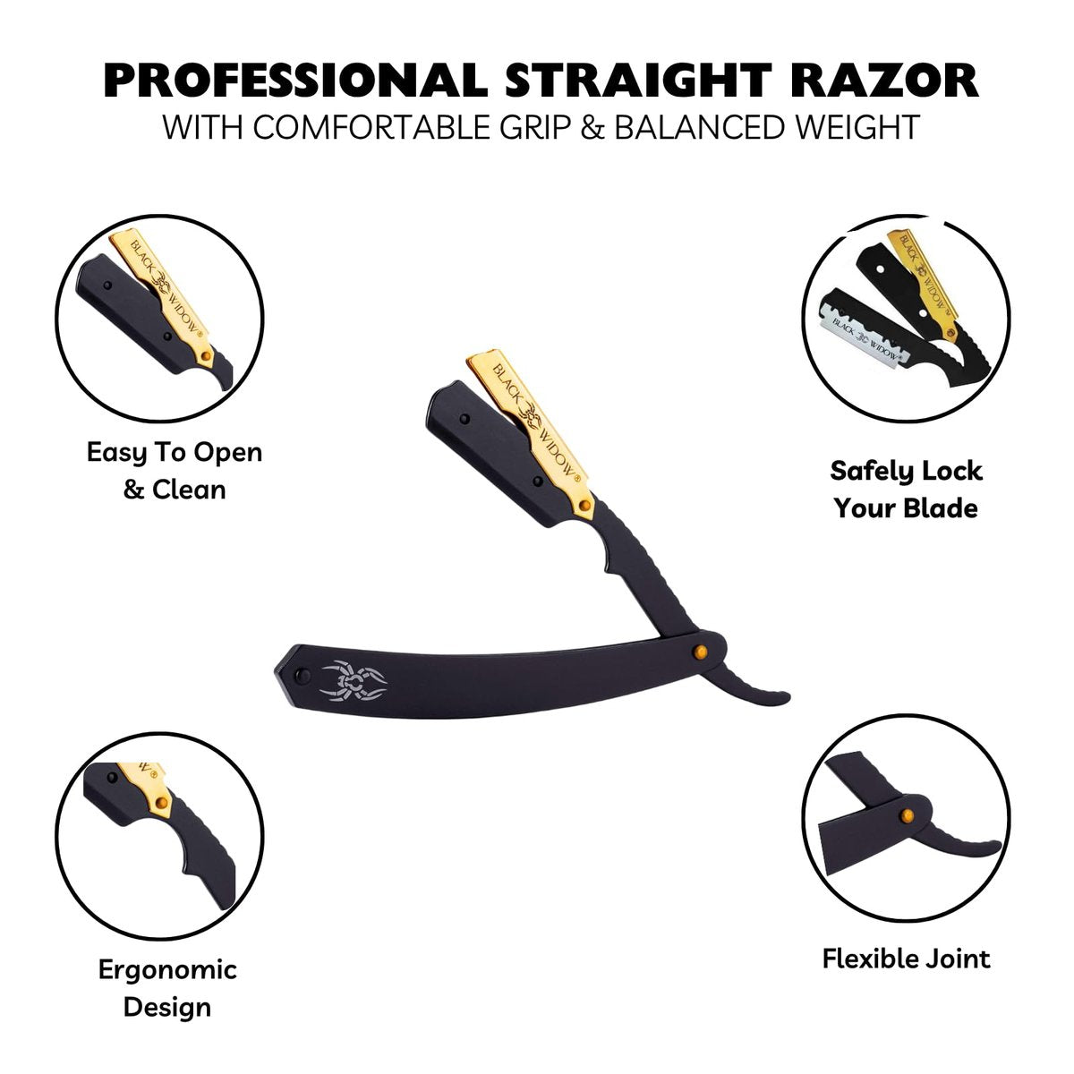 Black Widow Professional Straight Razor – Matte Black & 24K Gold Plated Finish, Stainless Steel Shavette for Men, Swing Lock Grip, Includes 10 Blades Avelisse