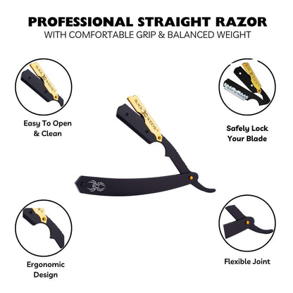 Black Widow Professional Straight Razor – Matte Black & 24K Gold Plated Finish, Stainless Steel Shavette for Men, Swing Lock Grip, Includes 10 Blades Avelisse