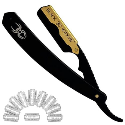 Black Widow Professional Straight Razor – Matte Black & 24K Gold Plated Finish, Stainless Steel Shavette for Men, Swing Lock Grip, Includes 10 Blades Avelisse